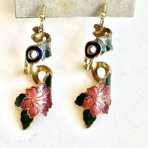Vintage Red Hibiscus Flower Cloisonne Earrings Enamel Dangle Gold Tone Taiwan